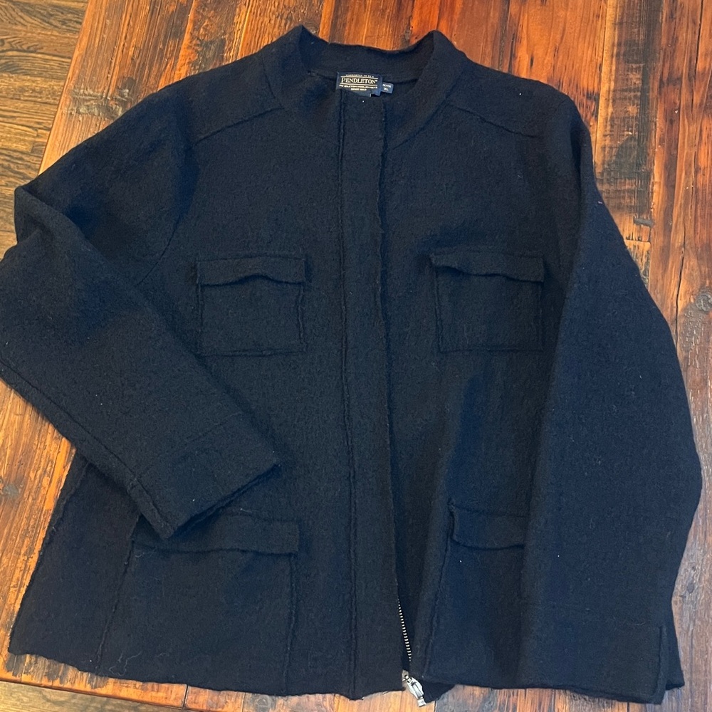 Pendleton 100% Merino Wool Black Cardigan Jacket, Zip Front, Pockets, XL
